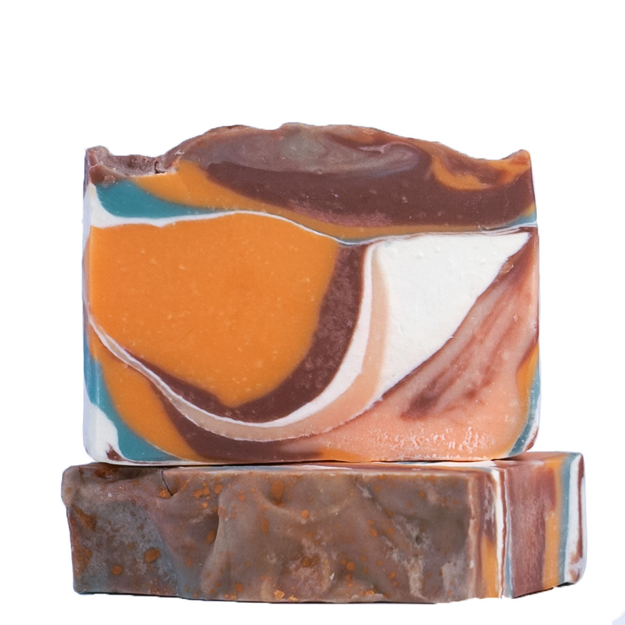 Load image into Gallery viewer, orange blue white swirly soap bars with golden sparkles on top
