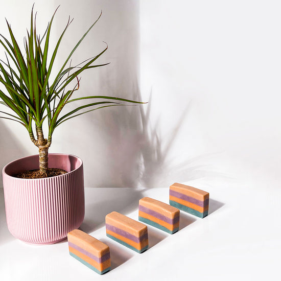 stripy soap bars on a table with a palm plant